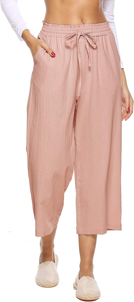 LNX Womens Linen Pants High Waisted Wide Leg Drawstring Casual Loose Trousers with Pockets