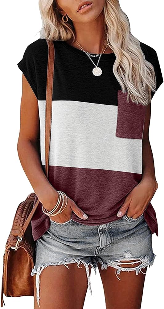 Womens Summer Casual Tops 2024 Basic Loose Cap Sleeve Tshirts Solid Color Blouse with Pocket