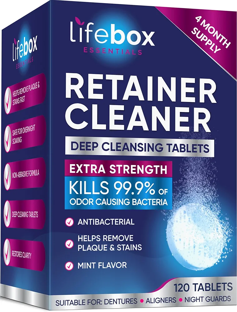 Retainer Cleaner Tablets, Denture Cleaning Tablets, & Aligner Cleaner - Removes Odors & Kills 99.9% of Bacteria & Stains – For Aligners, Retainers, Dentures, Night Guards - 120 Tablets, Mint Flavor