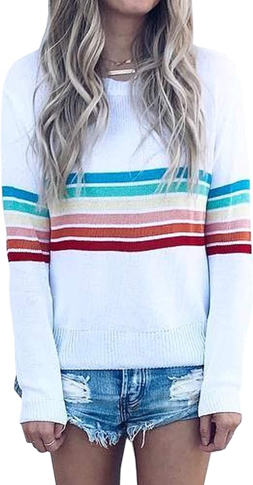 ECOWISH Women's Sweater Rainbow Colorful Striped Sweaters Long Sleeve Crew Neck Color Block Casual Pullover Blouse Tops