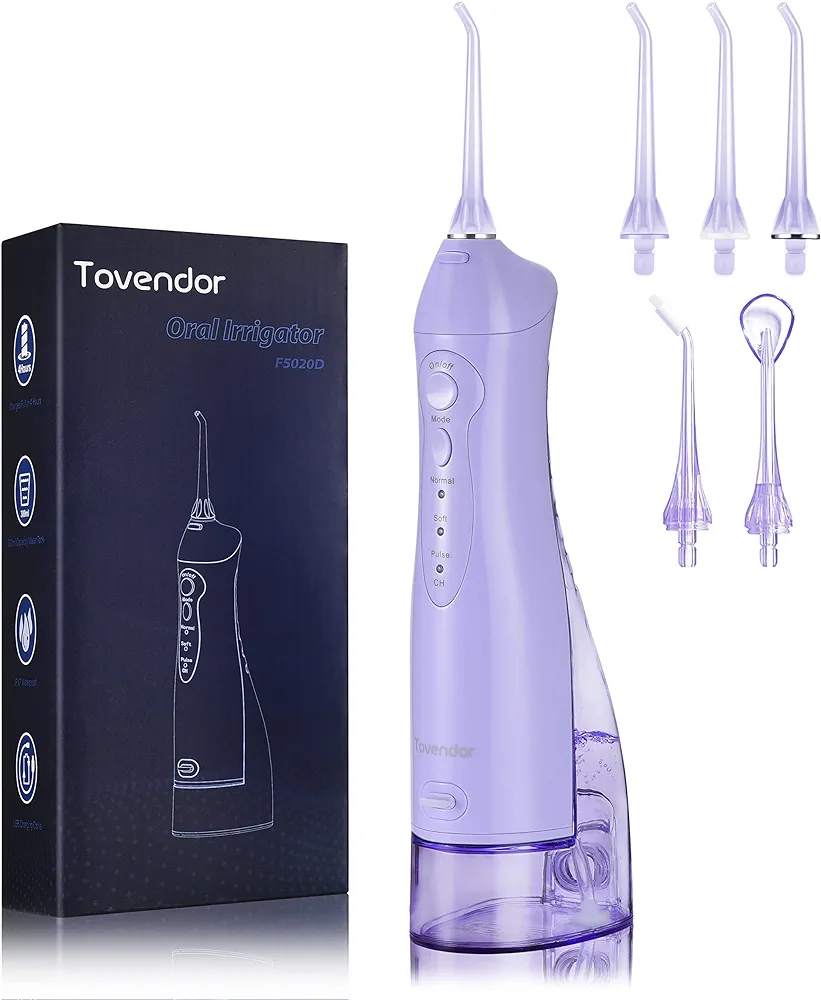 TOVENDOR Electric Water Flosser, Cordless Dental Oral Irrigator - 3 Modes, 5 Tips for Family Hygiene (300ML, Waterproof Waterflosser)