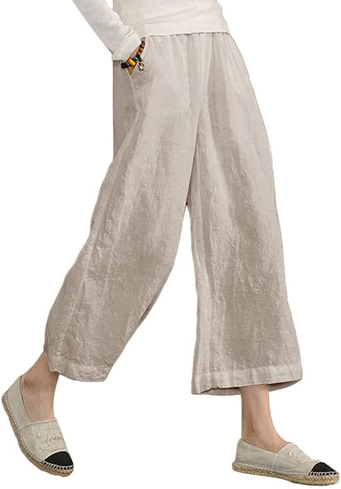 ECUPPER Womens Casual Loose Linen Elastic Wasit Ankle Pants Plus Size Cropped Trousers