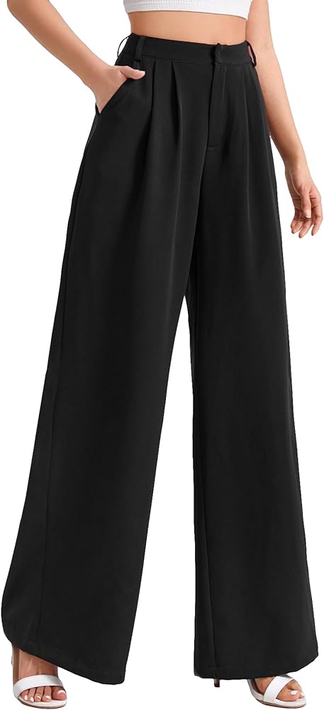 Verdusa Women's Pleated High Waist Wide Leg Pants Loose Palazzo