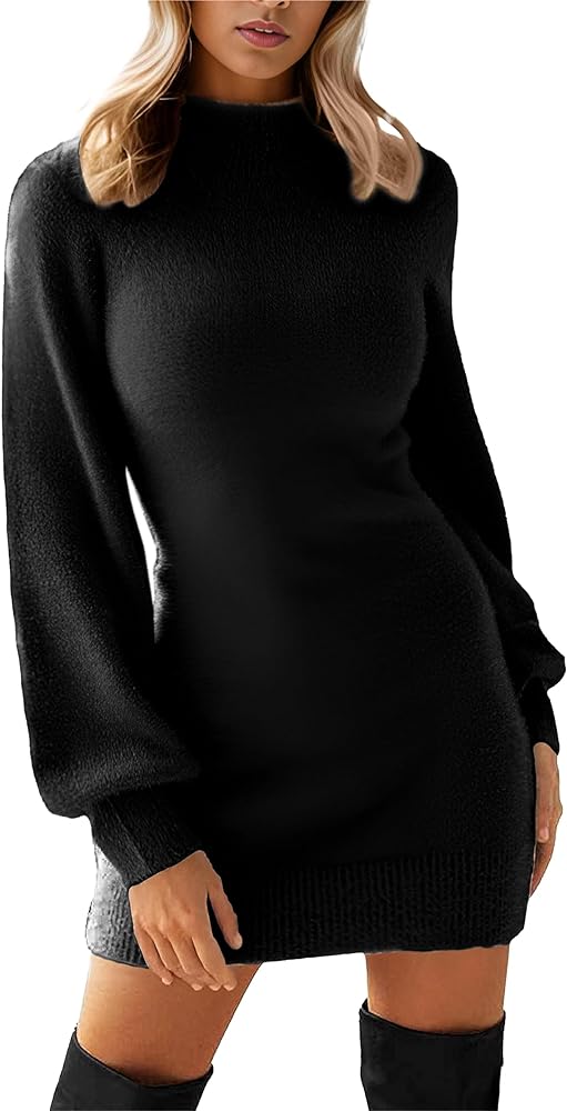 GRECERELLE Women's Mock Neck Ribbed Long Sleeve Bodycon Pullover Cute Mini Sweater Dress