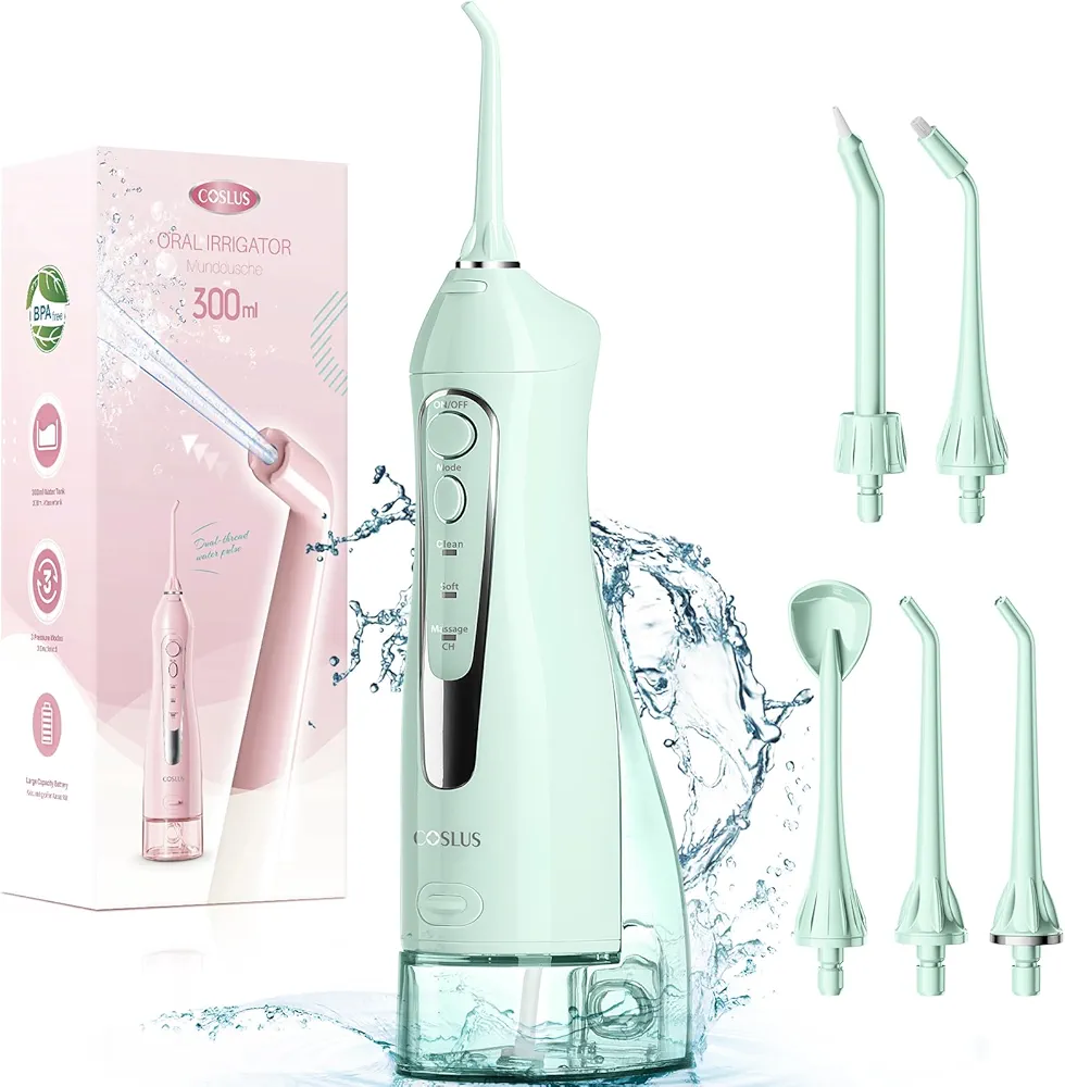 COSLUS Water Dental Flosser Teeth Pick: Portable Cordless Oral Irrigator 300ML Rechargeable Travel Irrigation Cleaner IPX7 Waterproof Electric Waterflosser for Teeth Cleaning F5020E Green