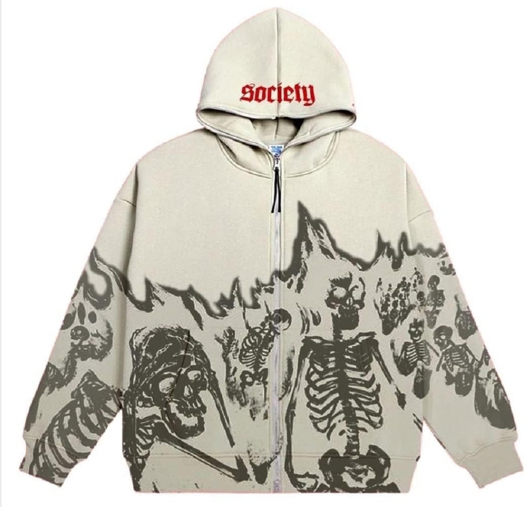 YEOU Y2K Retro Rhinestone Skeleton Hoodie Harajuku Gothic Hip Hop Sweatshirts Punk Jackets Streetwear