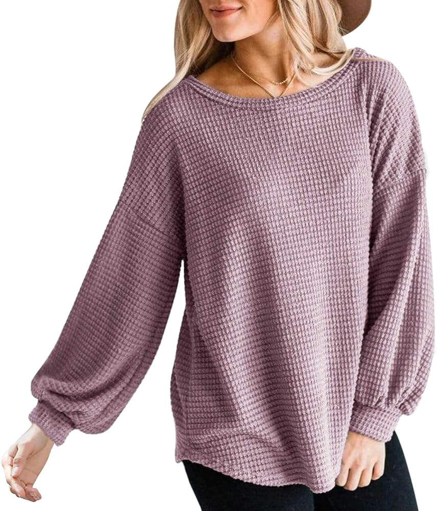 MEROKEETY Women's 2024 Fall Long Balloon Sleeve Waffle Knit Tops Crew Neck Oversized Sweater Pullover