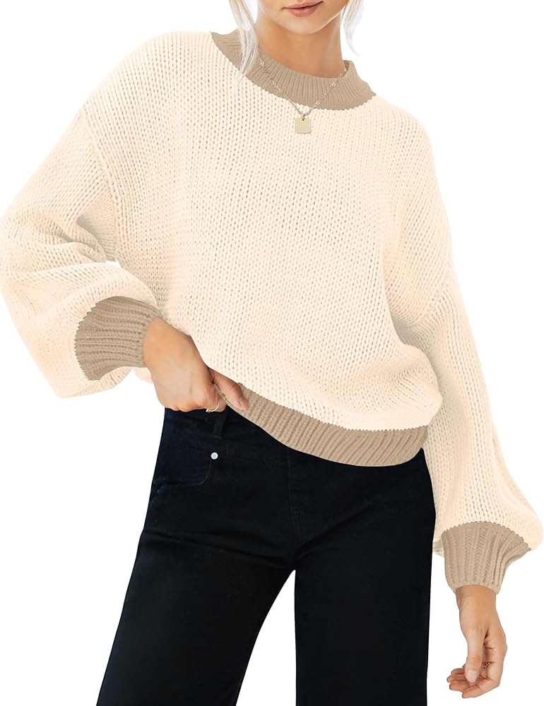 ZESICA Women's Casual Long Sleeve Crew Neck Pullover 2024 Fall Ribbed Knit Loose Contrast Color Sweater Tops