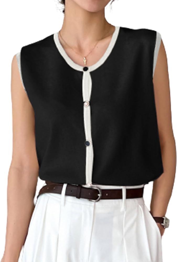 Verdusa Women's Casual Button Front Round Neck Sleeveless Knit Sweater Vest