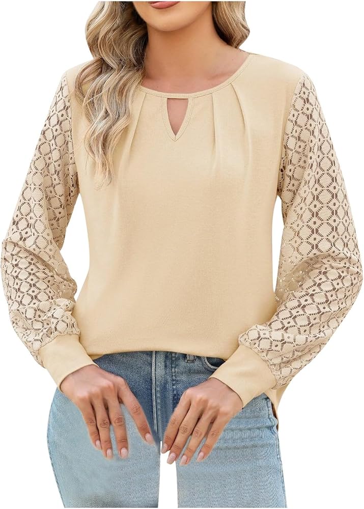 Womens Business Casual Blouses Long Sleeve Shirts Lace Tops 2024 Knitted Blouses Crewneck Keyhole Shirts Fall Clothes