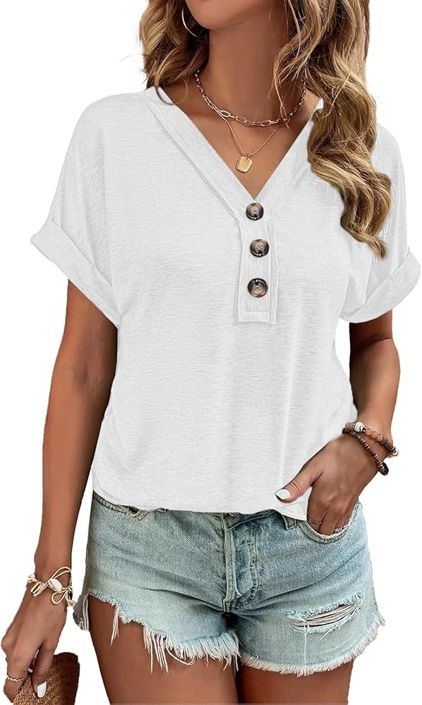 Women Summer Tops Spring Fashion Button Down Shirts Short Sleeve Tshirts Casual T Shirts V Neck Clothes