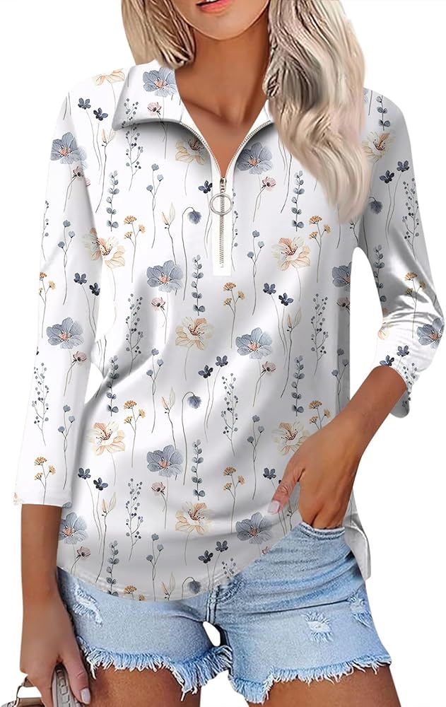 Womens 3/4 Sleeve Polo Shirts Casual Summer Tops Golf Half Pullover Blouses 2024 Bohemian Floral Print Graphic Tees