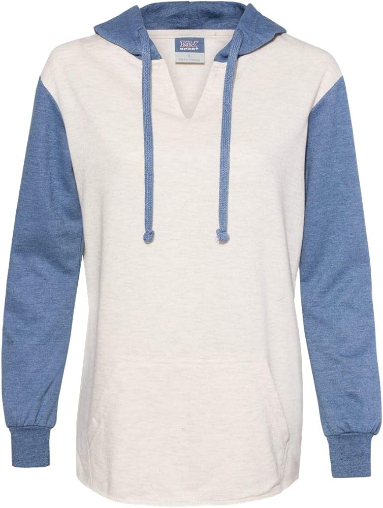 MV Sport - Women’s French Terry Hooded Pullover with Colorblocked Sleeves - W20145 - L - Stonewash/Oatmeal