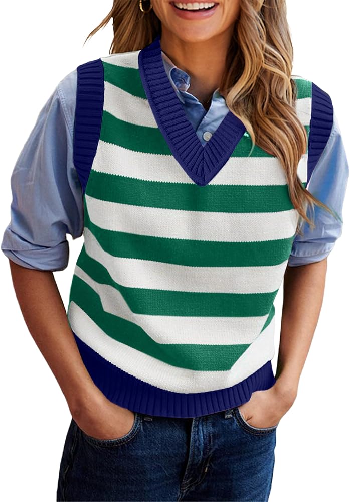 EVALESS Casual V Neck Sweater Tank Tops for Women Fall Color Block Striped Sweater Vest Knit Sleeveless Pullover Sweaters