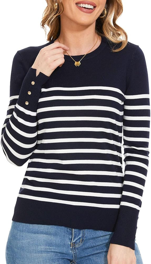 Spicy Sandia Women's Lightweight Long Sleeve Crew Neck Sweaters Striped Casual Knit Pullover Tops