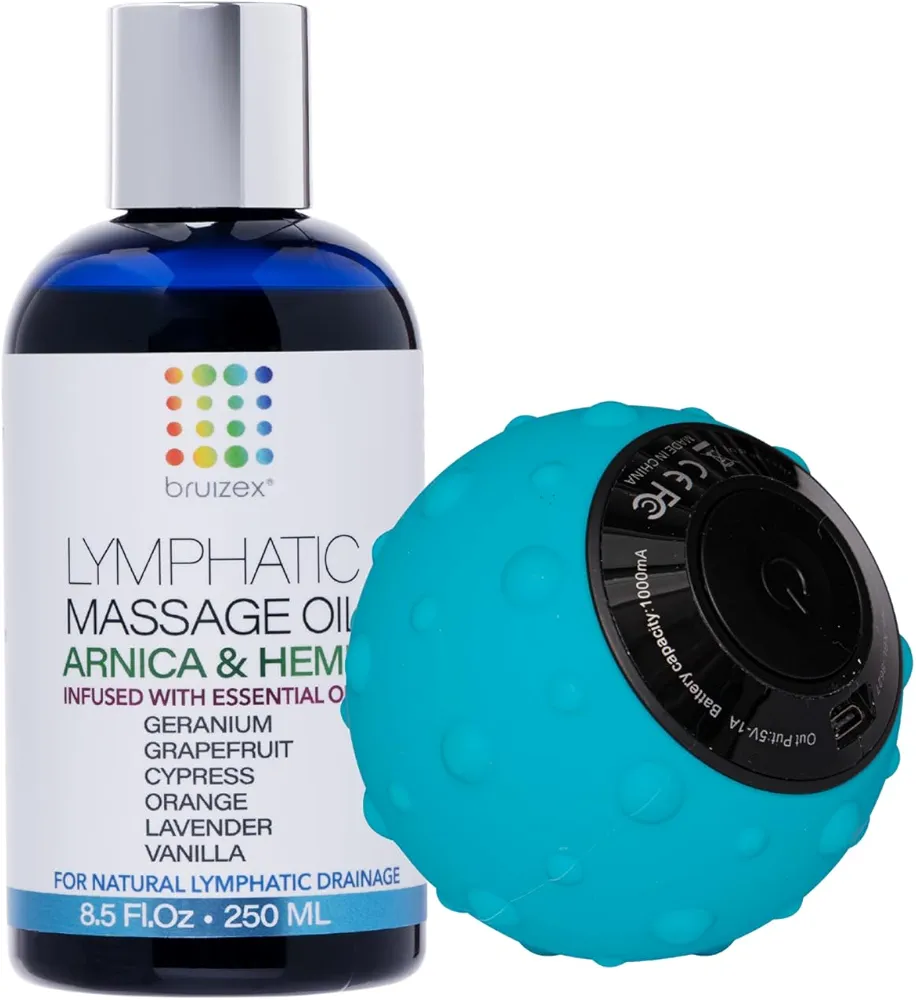 Arnica & Natural Hemp Seed Lymphatic Drainage Massage Oil & FibroViber Vibrating Body Massage Ball Bundle, for Fibrosis Treatment, Manual Lymph Drainage & Post Surgery Recovery