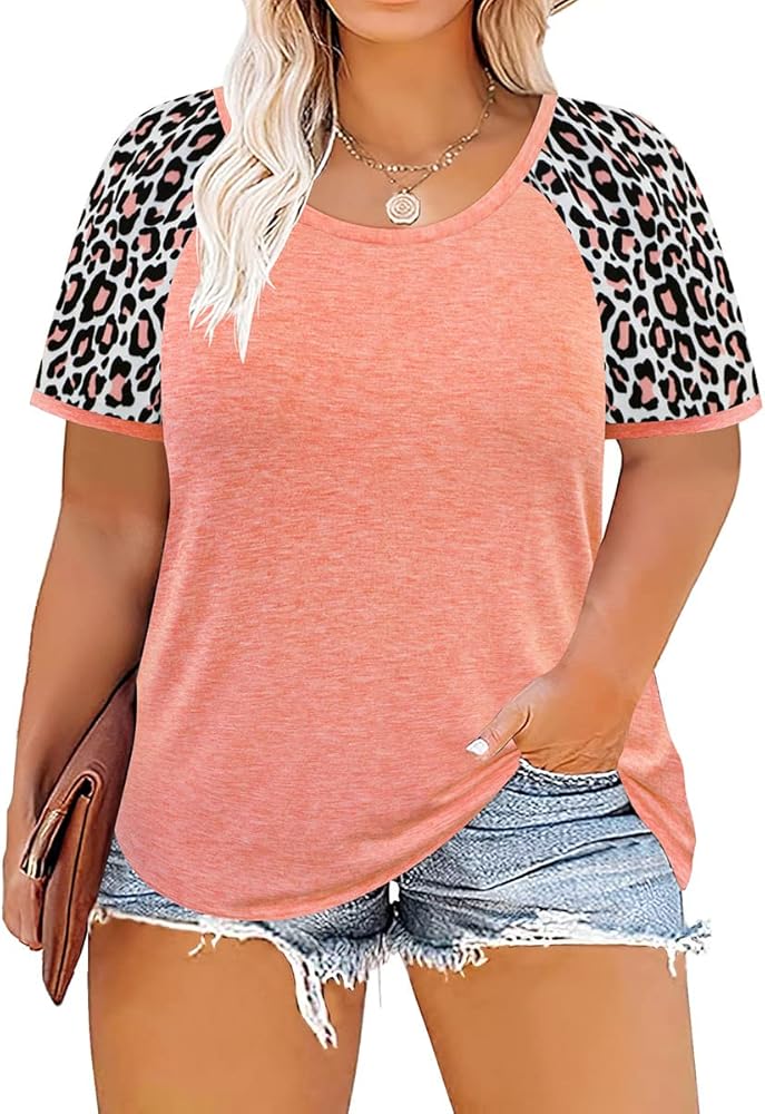 CARCOS Plus Size Tops for Women Short Sleeve Raglan Striped Tee Color Block Crewneck/V Neck Tunic Loose Fit Summer XL-5XL