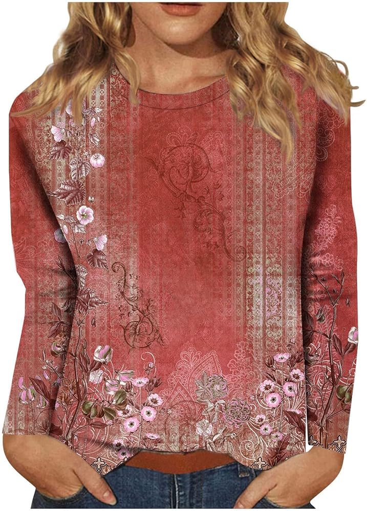 Tunic Shirts for Women Long Sleeve Shirts for Women Cute Print Graphic Tees Blouses Casual Plus Size Basic Tops Pullover