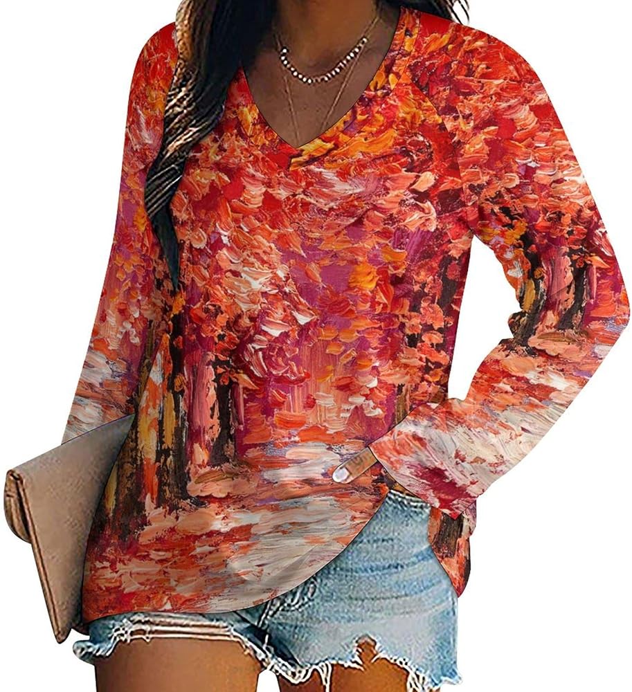 Colorful Autumn Trees Loose Womens Shirts Long Sleeve Tees Tops Casual V-Neck Graphic Blouses