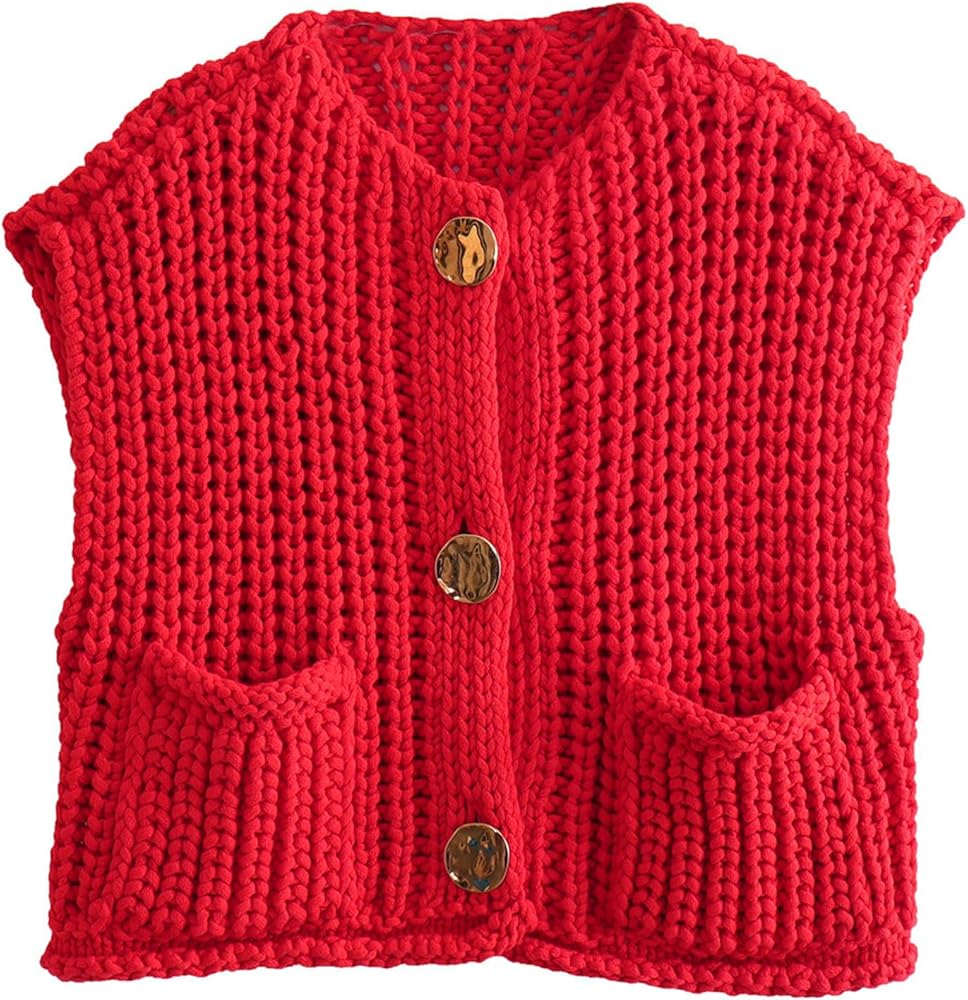 Wyeysyt Womens Sleeveless Crop Knit Cardigan Casual Button Down Cropped Knitted Sweater Vest with Pockets(Red-L), Large