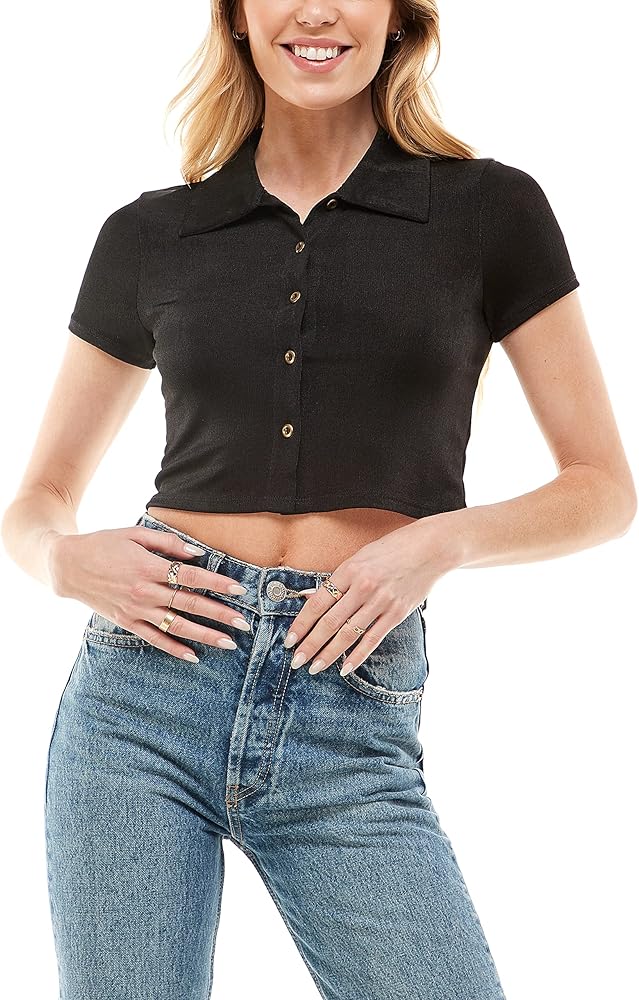 Women's Short Sleeve Blouse with Button Down Slinky Crop Top Collar Shirts - Fit for Work and Professional Fashion