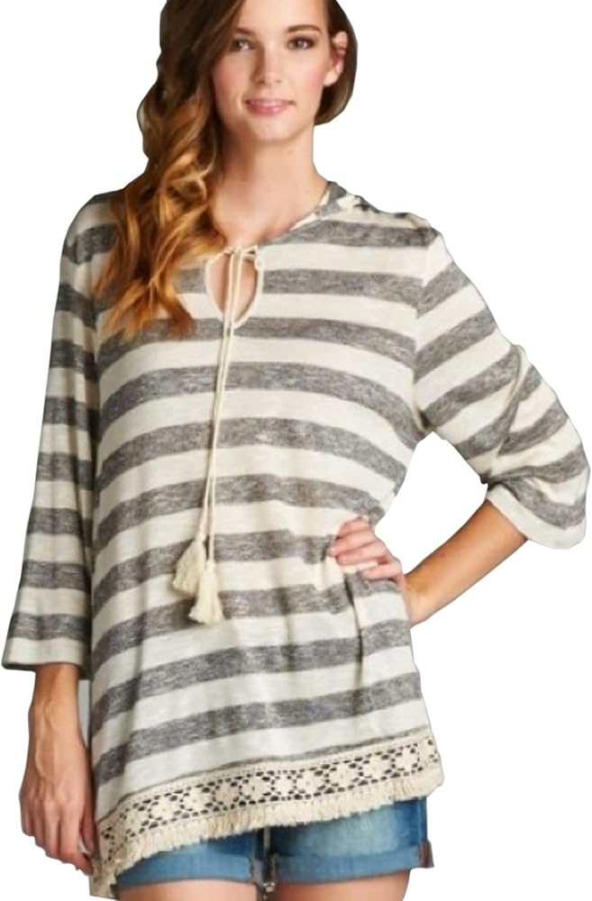 Women's Boho Striped Hi-Low Hoodie Crocheted Lace Hem Top (Medium) Grey White