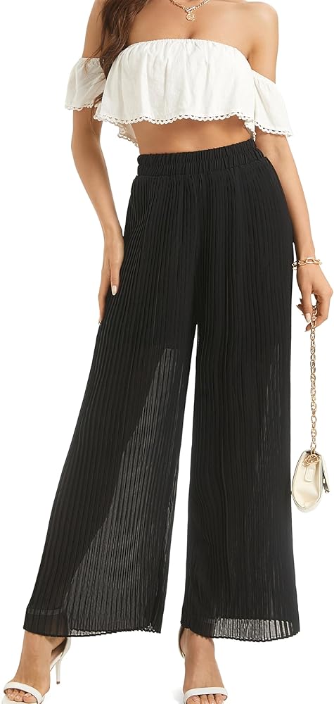 Women's Wide Leg Dress Pant High Waist Casual Flowy Boho Trousers Pleated Chiffon Elastic Waist Pants with Pocket