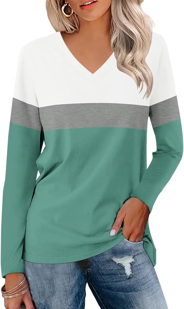 ORANDESIGNE Women's Long Sleeve Color Block Tunics Tops V Neck Casual Cute Shirts Fall Loose Fit Blouses Tees