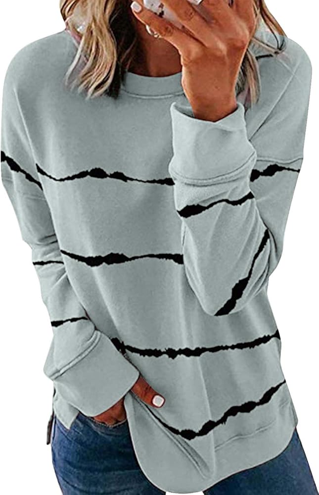 KINGFEN Women's Fashion Crewneck Tie Dye Sweatshirt Striped Printed Oversized Loose Soft Side Split Long Sleeve Fall Pullover Tops Shirts Hoodies & Sweatshirts for Women 2024 Grey X-Large