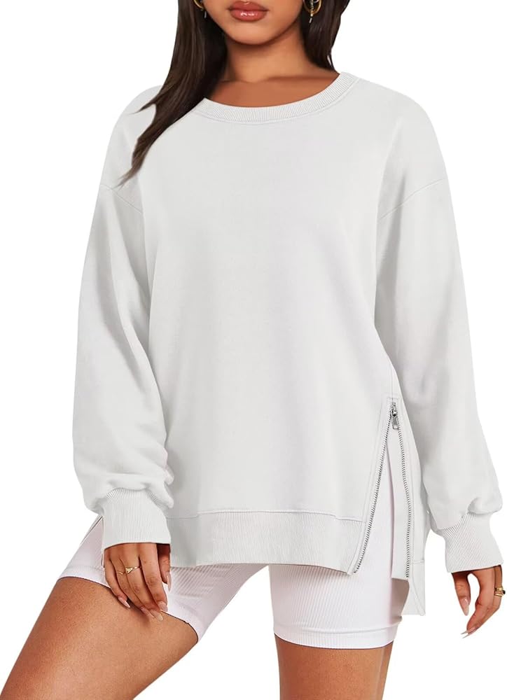 Women's Sweatshirts Long Sleeve Tunic Tops Crew Neck Pullover with Side Zipper Shirt Clothes for Women