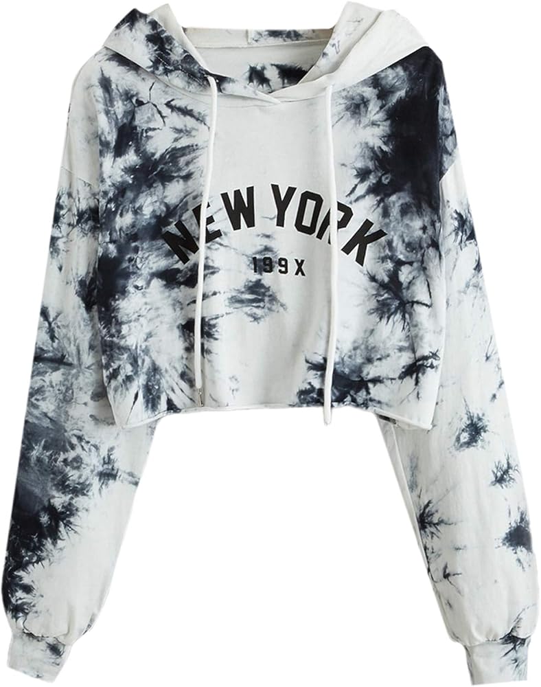 SweatyRocks Women's Drawstring Hem Long Sleeve Crop Top Sweatshirt Hoodies Tie Dye Black White S