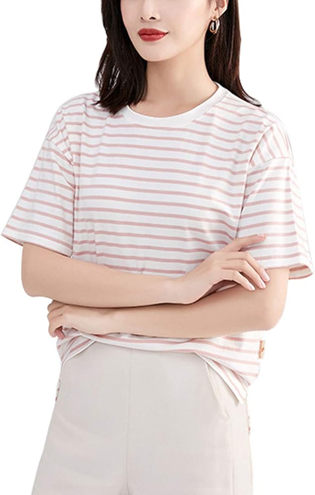 Flygo Women's Casual Stripes Print Round Neck Short Sleeve Tee Tops Blouse T-Shirt