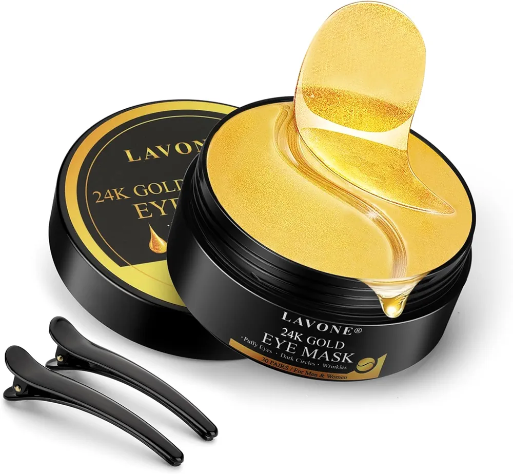 LAVONE Eye Mask-30 Pairs 24K Gold Under Eye Patches Skin Care Products-Eye Masks Skincare for Dark Circles and Puffiness,Reduce Wrinkles,Eye Bags and Fine Lines,for Women and Man,with Hair Clips