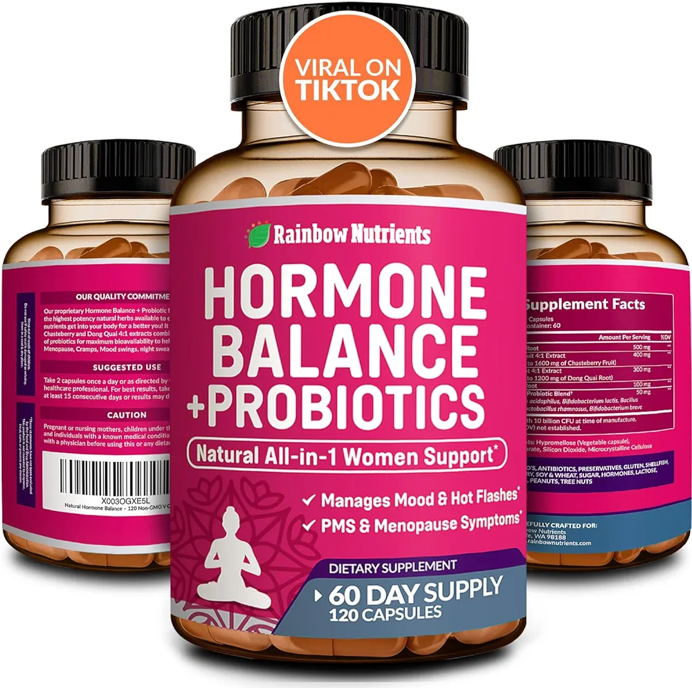 Hormone Balance + Probiotics for Women (3450mg) Natural Menopause Relief, Weight Management, Bloating, Hot Flashes, PMS | Organic Maca, Chasteberry, Dong Quai & Black Cohosh | Non GMO |120 V Capsules