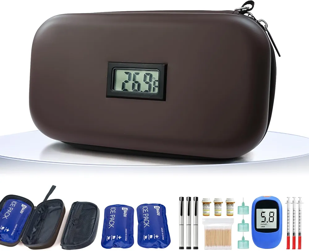 TSA Approved Insulin Cooler Travel Case Medication Cooler for Travel with Thermometer Temperature Display Diabetic Medication Organizer Medical Travel Cooler Bag with 2 Ice Pack (Brown)