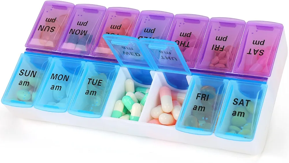 7 Day Weekly AM PM Pill Organizer, 2 Times A Day Large Pill Case Pill Box for Pills Vitamin Supplements Medication (Blue+Purple,2 Times)