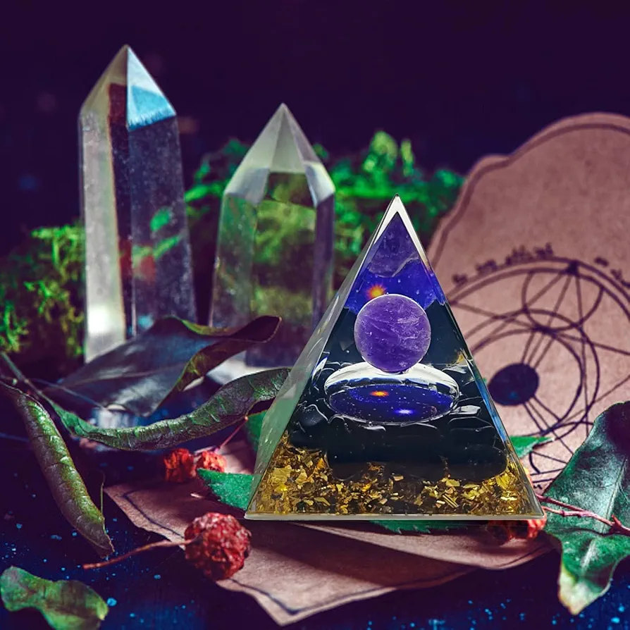 Orgone Pyramid for Positive Energy Handmade with Natural Amethyst Obsidian for Meditation to Boost Inner Energy Enhance Mental Strength Attract Luck and Success Nice Blessing Gift Room Decoration