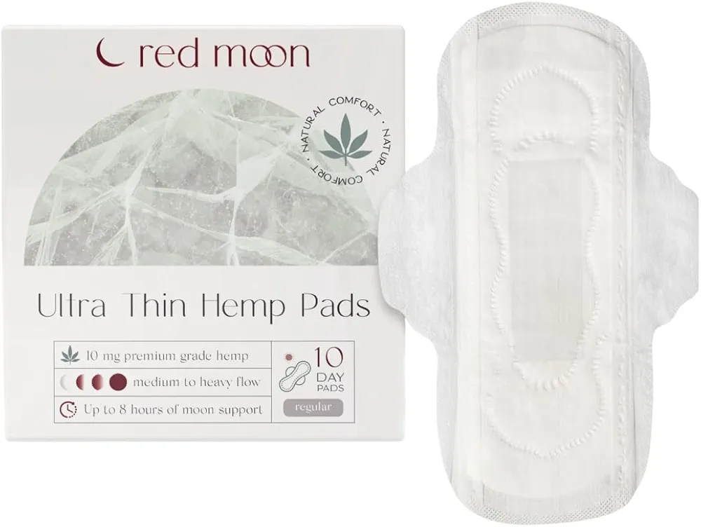 Red Moon Ultra Thin Hemp Pads (Pack of 10) Sanitary Pads for Women, Menstrual Pads- White