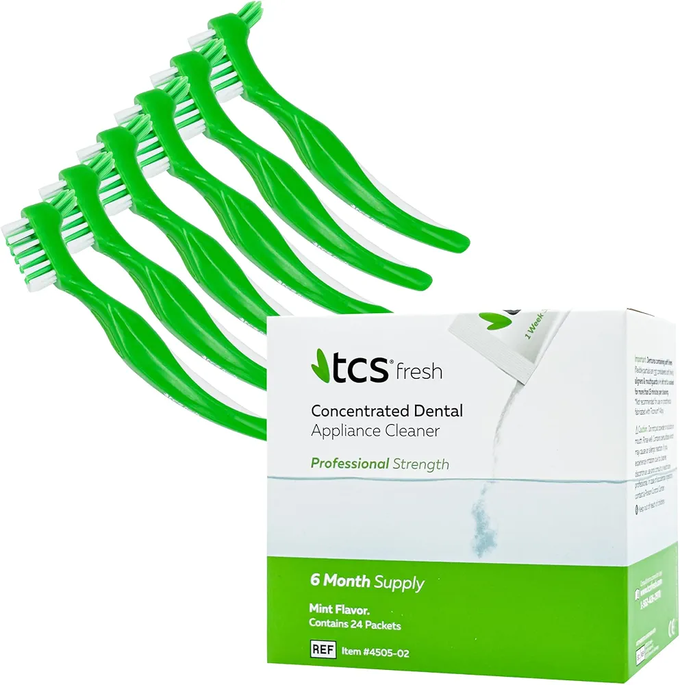 TCS Fresh Dental Appliance Cleaner - Professional Strength Concentrated Cleaner for Flexible Partials - Denture Brush for Adults, Soft Denture Cleaner Brush with Ergonomic Handle