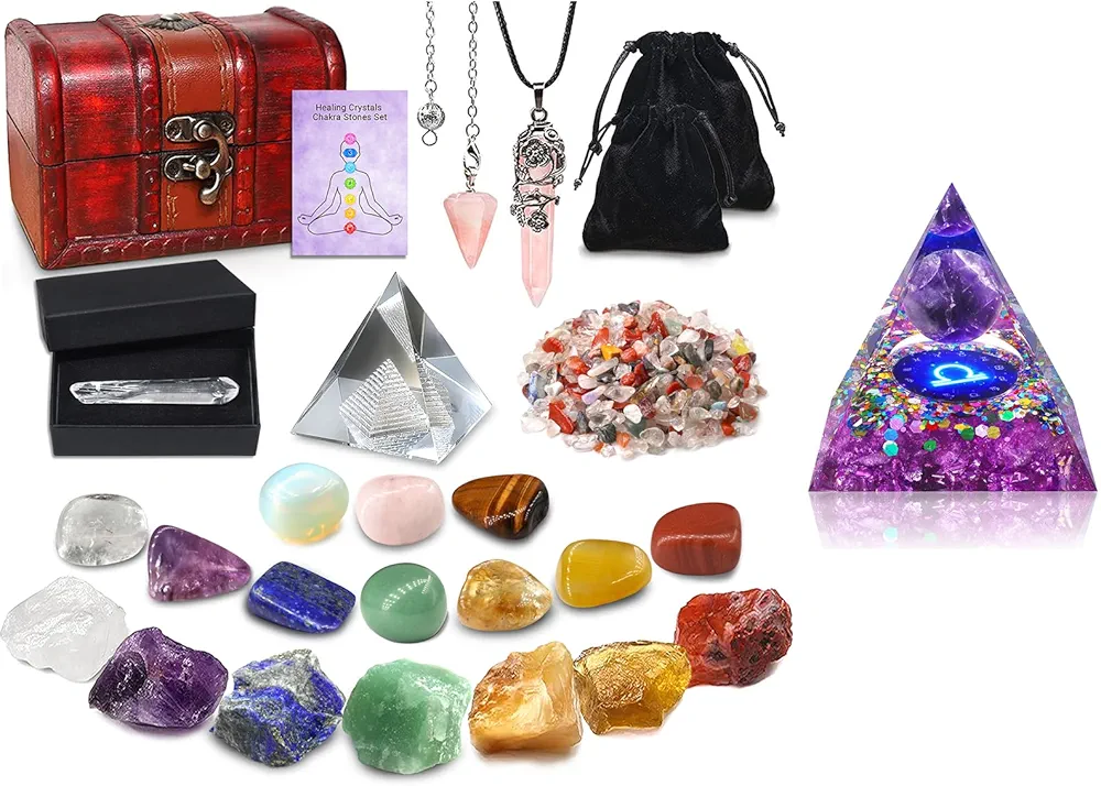 Amill 23PCS Natural Crystals and Healing Stones Set and Crystal Pyramid Kit