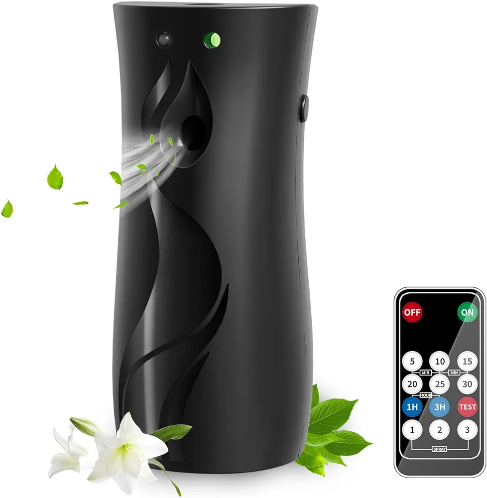 Automatic Air Freshener Spray Dispenser, Wall/Standing Battery Powered Aerosol Spray Dispenser with Remote Control for Bathroom, Hotel, Office, Commercial (Black)