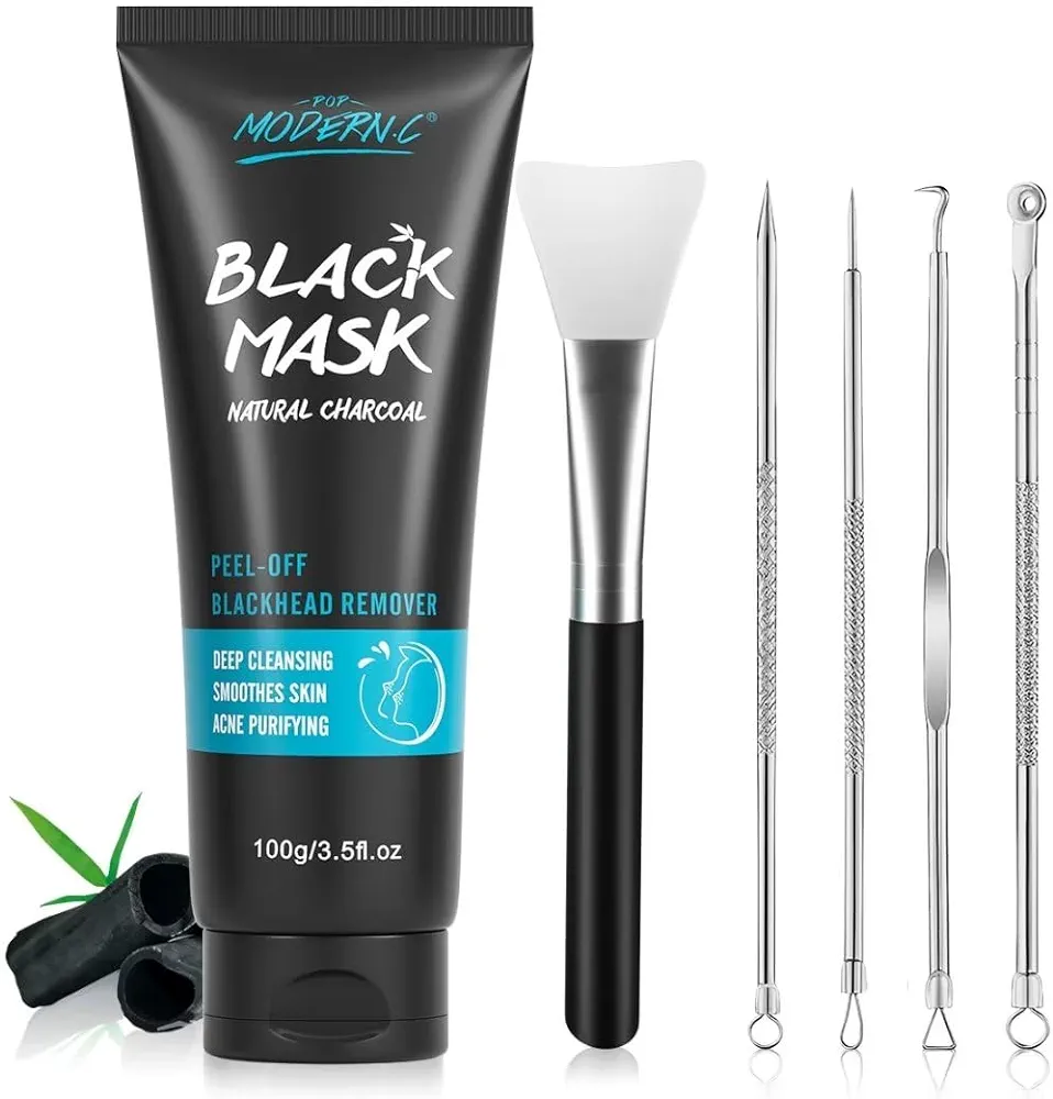 POP MODERN.C Blackhead Remover Mask Bamboo Charcoal Peel Off Mask Skin Care Face Mask 3-in-1 Kit Pimple & Deep Cleansing Black Facial Mask Shrink Pore With Blackhead Remover Extractor Tools