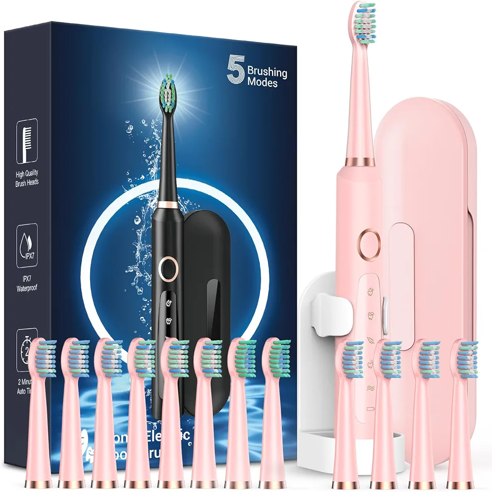 Rtauys Electric Toothbrush with 8 Brush Heads + 4 Pcs Replacement Brush Heads，Totally Includes 12 Brush Heads - Pink