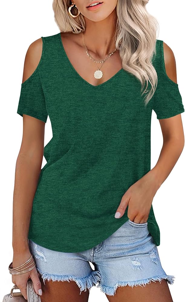 Amoretu Womens Short Sleeve Cold Shoulder Basic Tee Tops Shirts