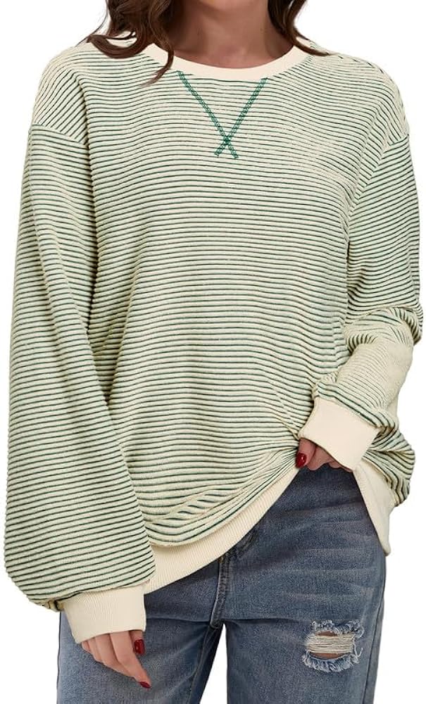 SHEWIN Womens Sweatshirt Striped Color Block Crew Neck Casual Long Sleeve Tops Loose Fall Clothes