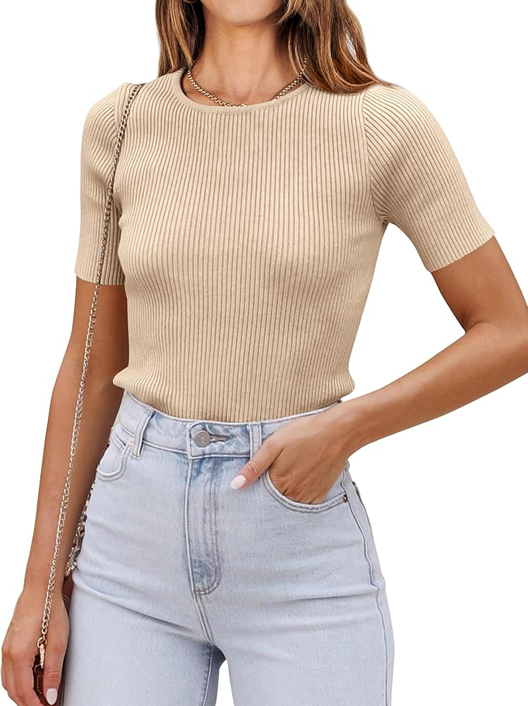 PRETTYGARDEN Womens Tops 2024 Summer Crewneck Short Sleeve Ribbed Knit Top Casual Solid Color Slim Fitted Basic T Shirts