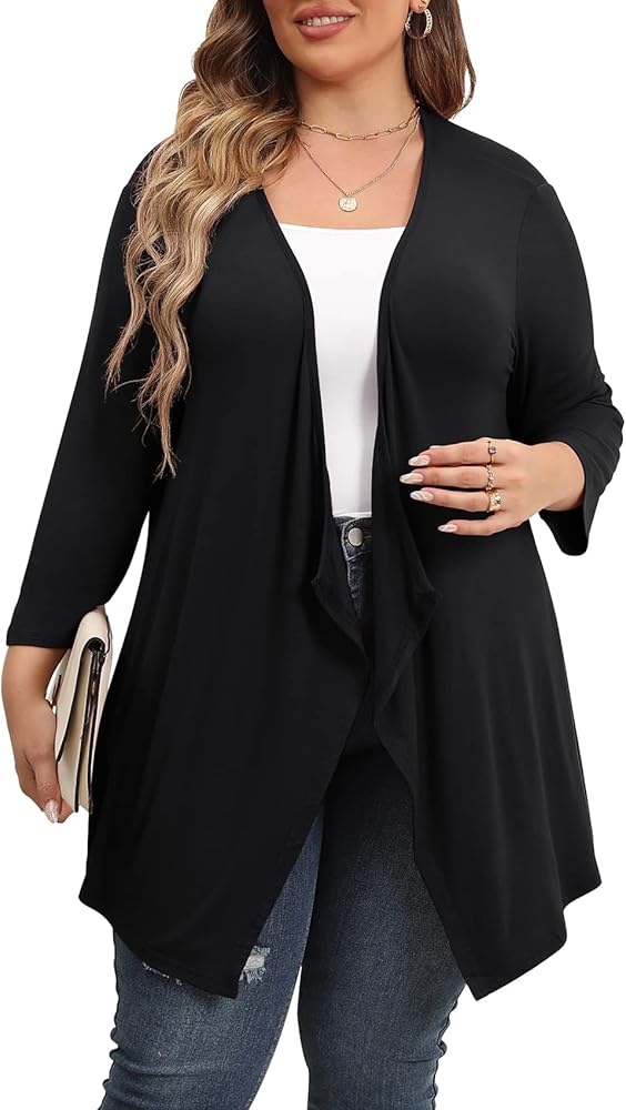 TIANZHU Women Cardigan Lightweight 3/4 Sleeve Casual Open Front Light Cardigan Drape Duster Sweaters