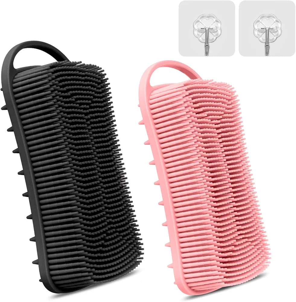 Silicone Body Scrubber, 2 in 1 Body Brush & Hair Scalp Brush for Shower and Bath, Easy Clean, Lathers Well, Stimulating Blood Circulation More Hygienic Than Loofah,Women Men.Black & Pink