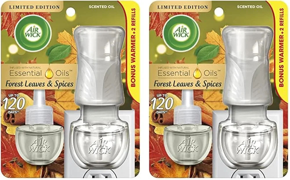 Air Wick Plug in Scented Oil Starter Kit (Warmer +2 Refills), Forest Spice & Leaves, Fall Scent, Essential Oils, Air Freshener (Pack of 2)