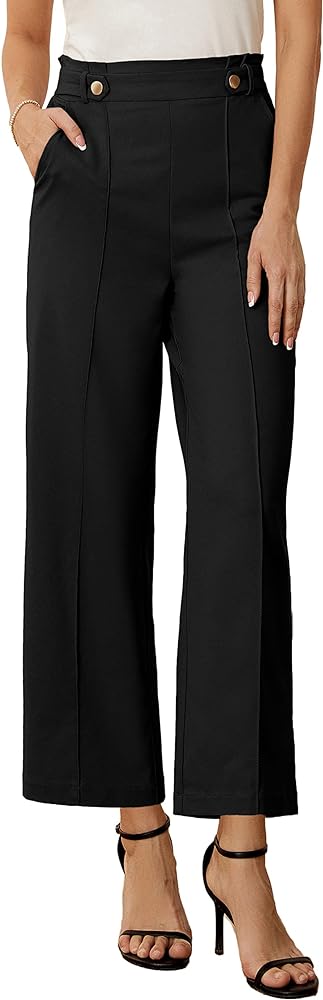 GRACE KARIN Women's Straight Leg Cropped Work Pants Elastic High Waist Wide Leg Business Casual Slacks with Pocket